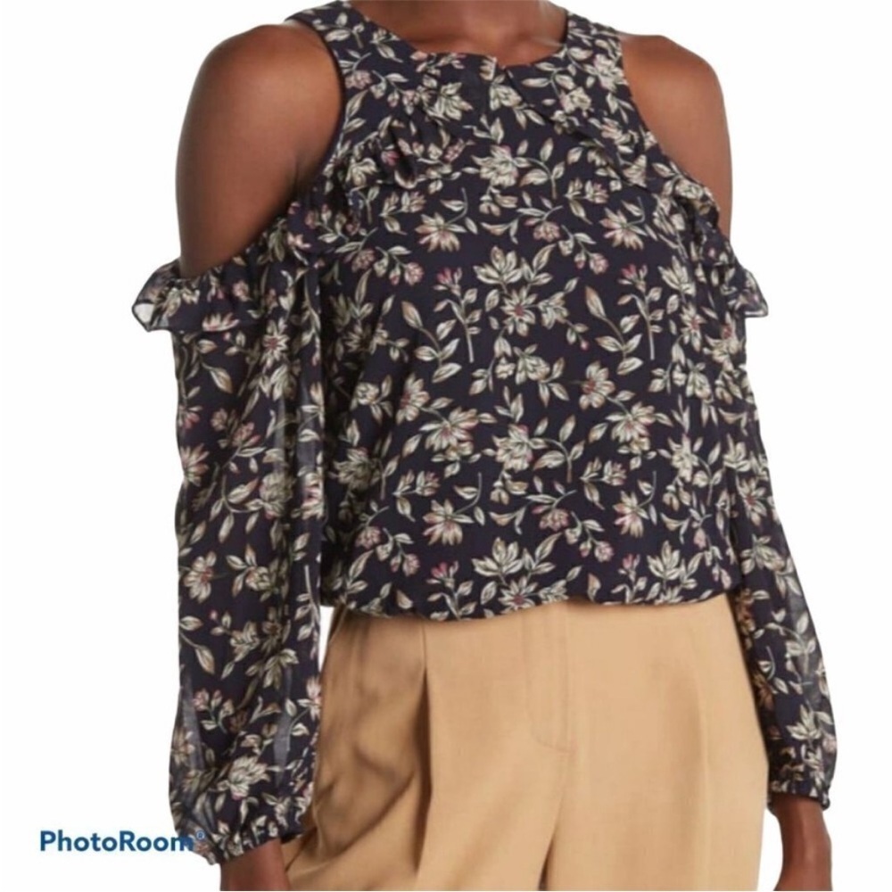 J.O.A Navy Blue Floral Cold Shoulder Ruffle Cottagecore Top size Medium